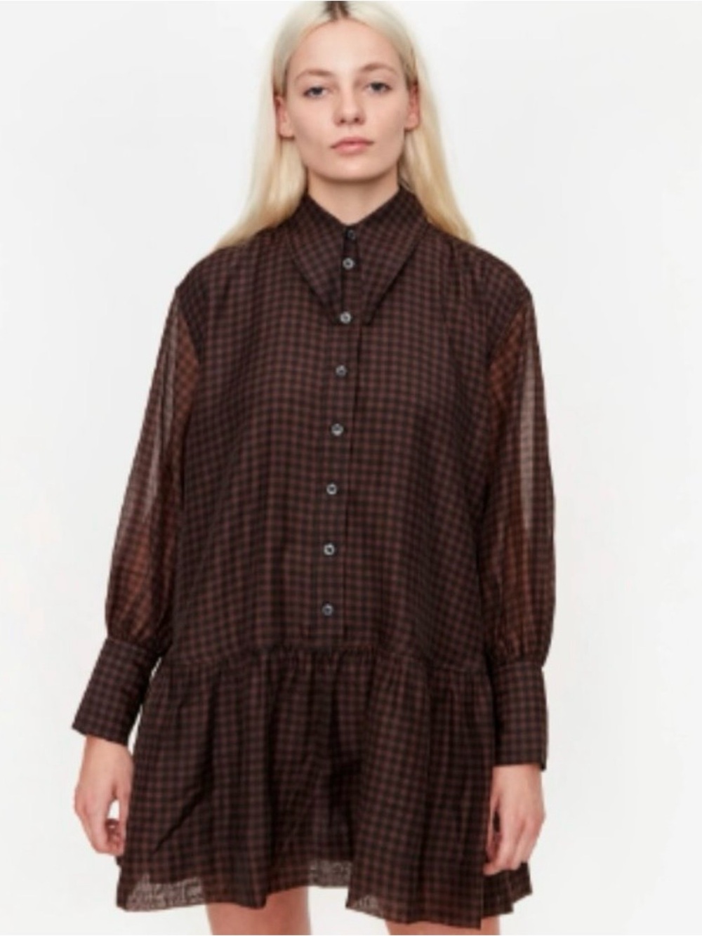 Ganni Oversize Organza Black and Brown Check Mini Dress Small/Medium